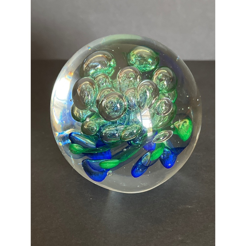 Art Glass Paperweight Controlled Bubble Green Blue Swirl Orb Decor 4 inch